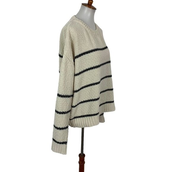 POL Women's Sweater Large Blue Ivory Striped Slouchy Knit Pullover - Picture 2 of 5